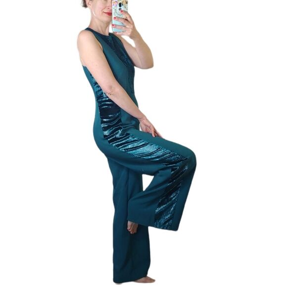 Adelyn Rae green wide leg jumpsuit velvet side stripes sleeveless size Small - Picture 2 of 11